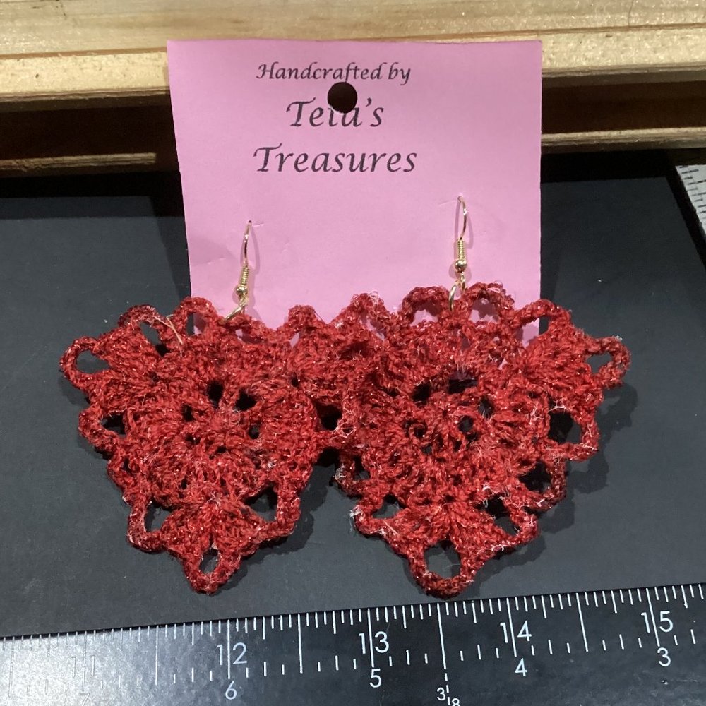Earrings Red Sparkle Triangle Crocheted Crochet Hand Crafted